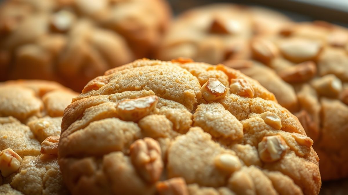 Close-up mostrando textura crocante e amêndoas nos cookies prontos