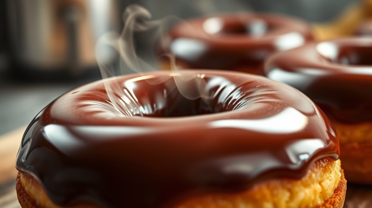 Close-up dos donuts prontos mostrando textura macia e cobertura brilhante de chocolate amargo