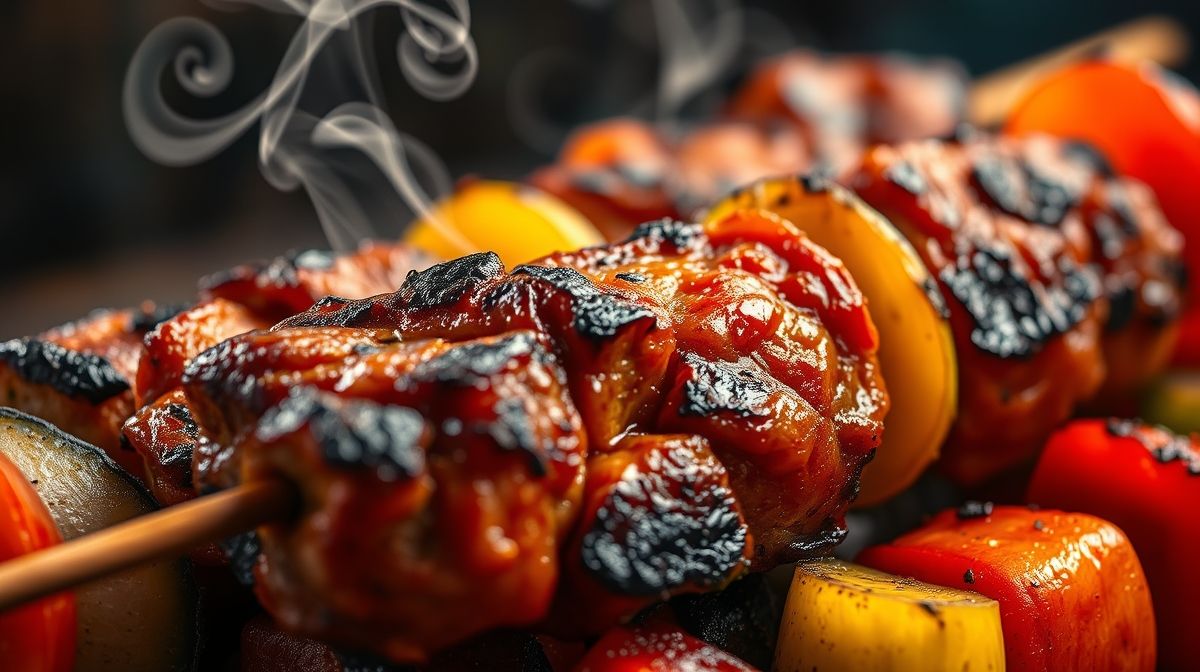 Close-up dos espetinhos assados, realçando a suculência da carne e a cor vibrante dos legumes grelhados