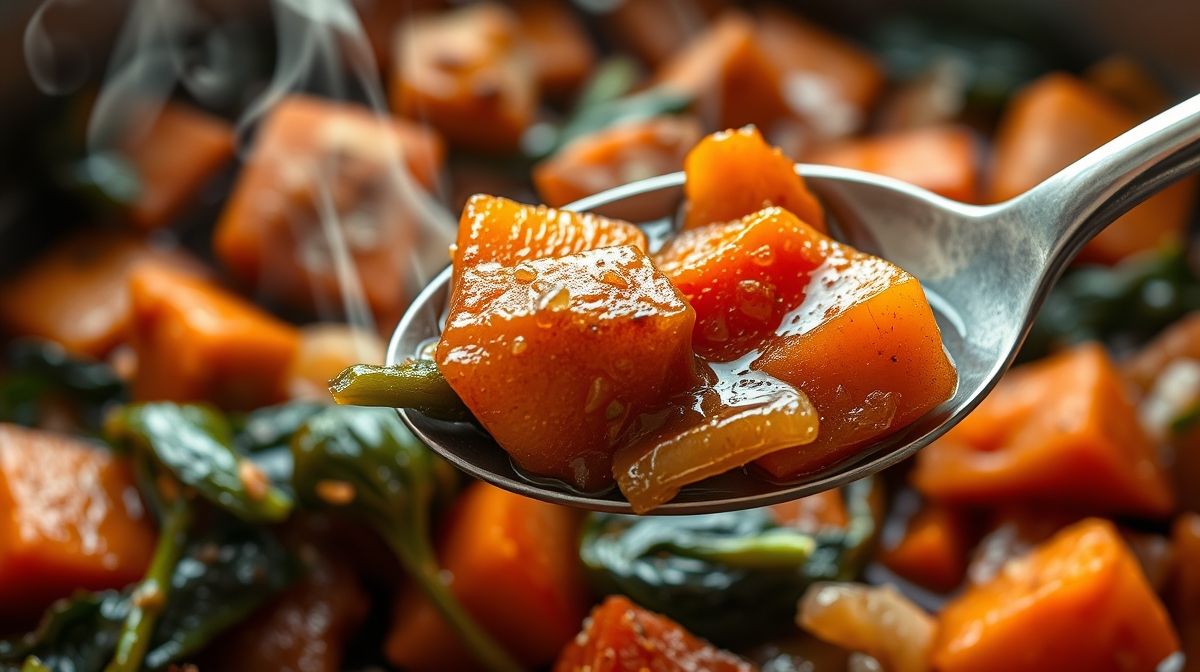 Close-up mostrando a textura macia e as cores vibrantes dos legumes cozidos