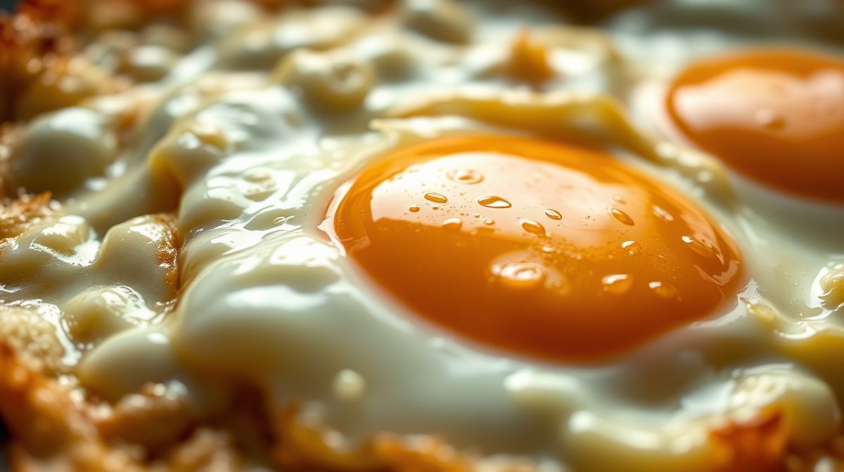 Close-up mostrando a textura dourada e a gema no ponto dos ovos fit assados.