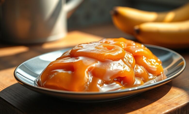 Doce de banana sem açúcar pronto, cremoso, dourado e servido em potinho rústico de vidro