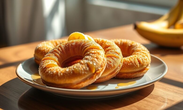 Donuts fit com bananas na Air Fryer prontos, dourados, com cobertura de chocolate e aspecto saudável e delicioso