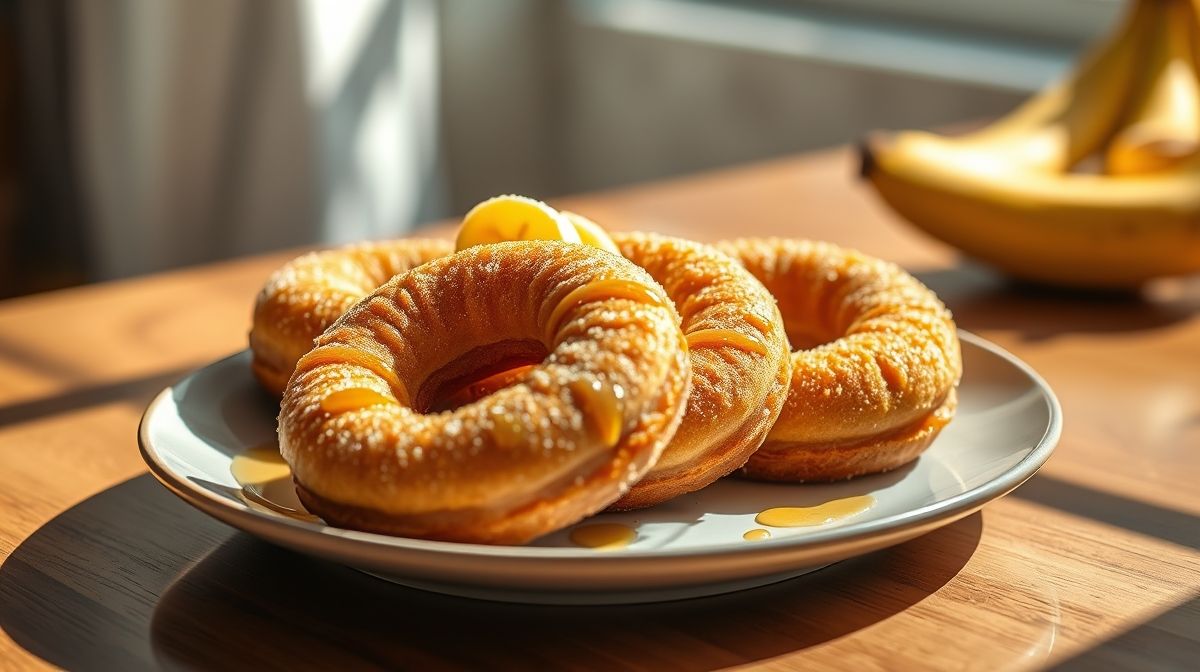 Donuts fit com bananas prontos, dourados e cobertos com chocolate derretido, visivelmente fofinhos e saudáveis na versão Air Fryer