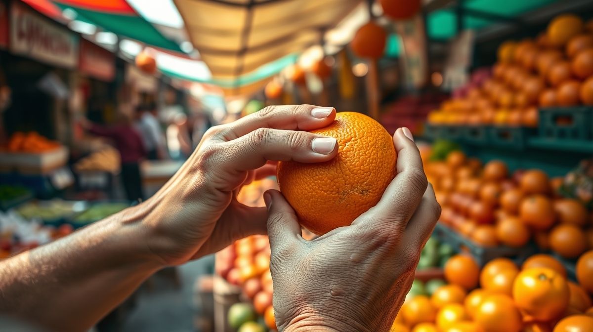 Mãos examinando e segurando laranja no ponto correto de maturação.