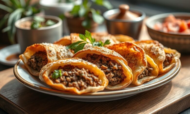 Esfihas abertas douradas, com recheio de carne temperada e suculenta, bem apresentadas em prato de cerâmica.