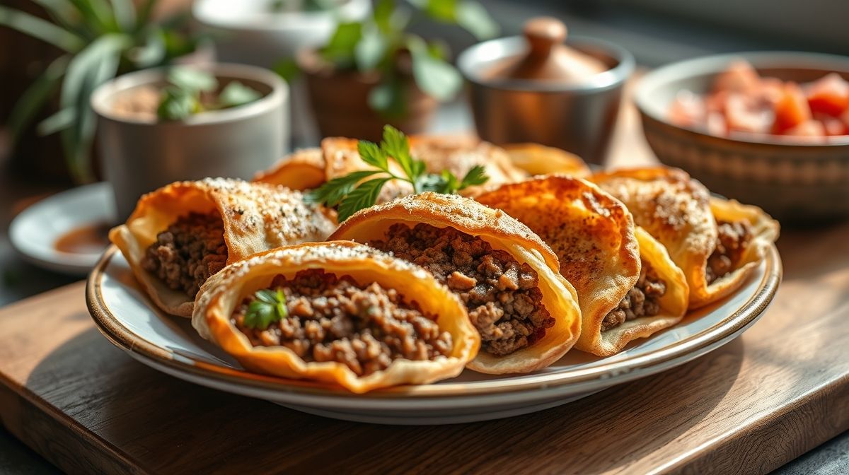 Esfihas abertas douradas, com recheio de carne temperada e suculenta, bem apresentadas em prato de cerâmica.