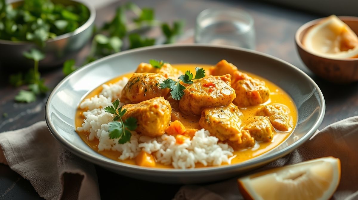 Frango ao curry cremoso com leite de coco servido com arroz, prato aromático e suculento.