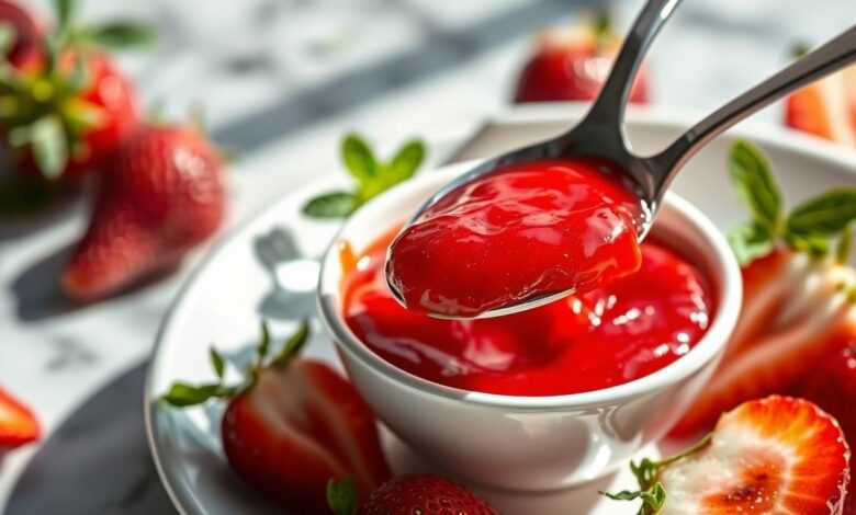 Pote de vidro com geleia de morango sem açúcar finalizada, vermelha brilhante e decorada com frutas frescas ao redor