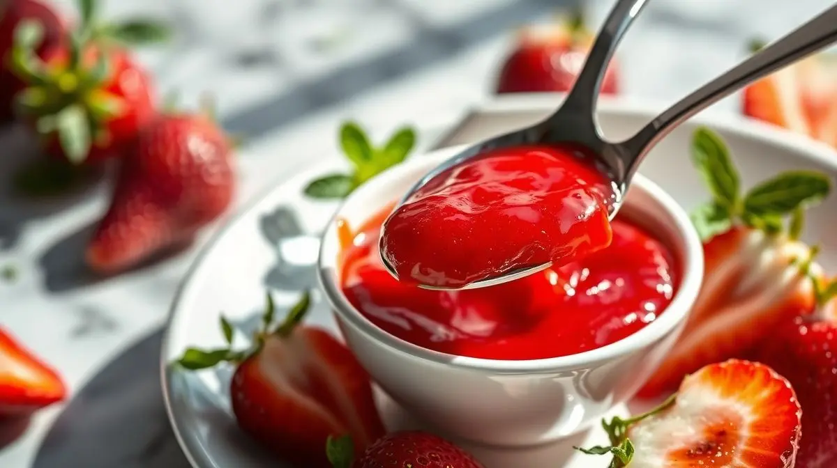 Pote de vidro com geleia de morango sem açúcar finalizada, vermelha brilhante e decorada com frutas frescas ao redor