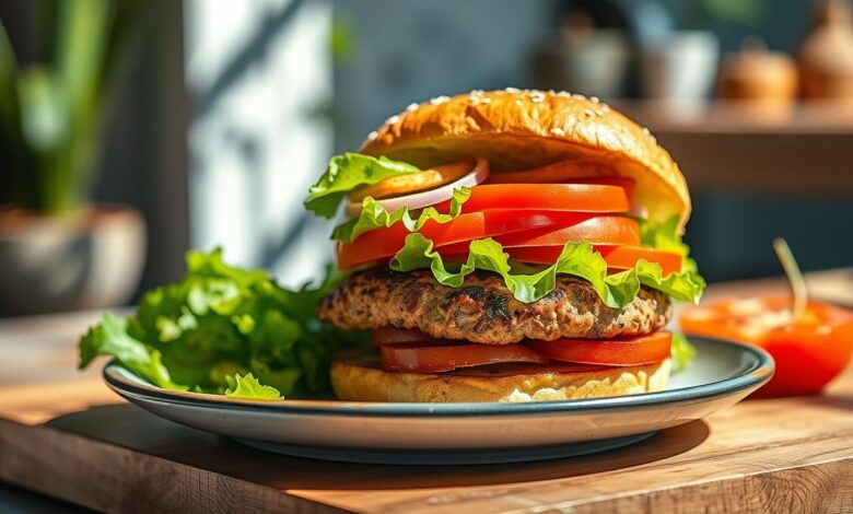 Hambúrguer fit servido no pão integral com folhas verdes, tomate e creme de ricota, bem montado e apetitoso