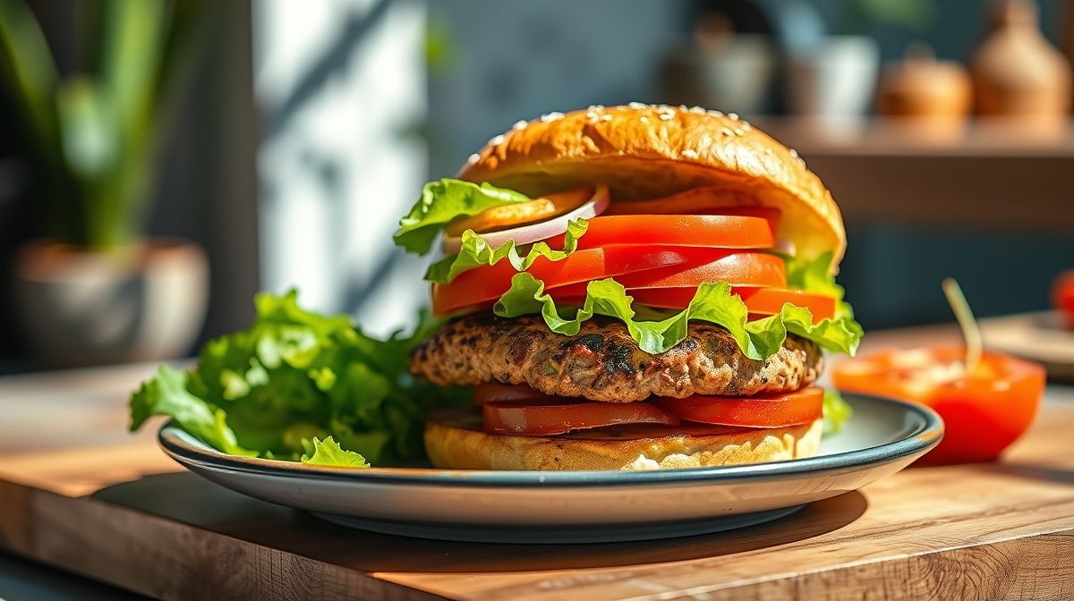 Hambúrguer fit servido no pão integral com folhas verdes, tomate e creme de ricota, bem montado e apetitoso
