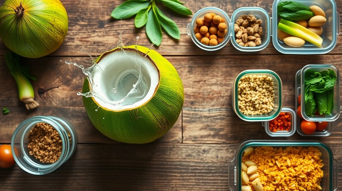 Vista de cima com coco verde aberto, copo transparente e recipientes para armazenamento.