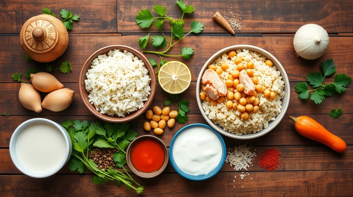 Ingredientes do arroz caldoso com curry vistos de cima, organizados em uma bancada de madeira