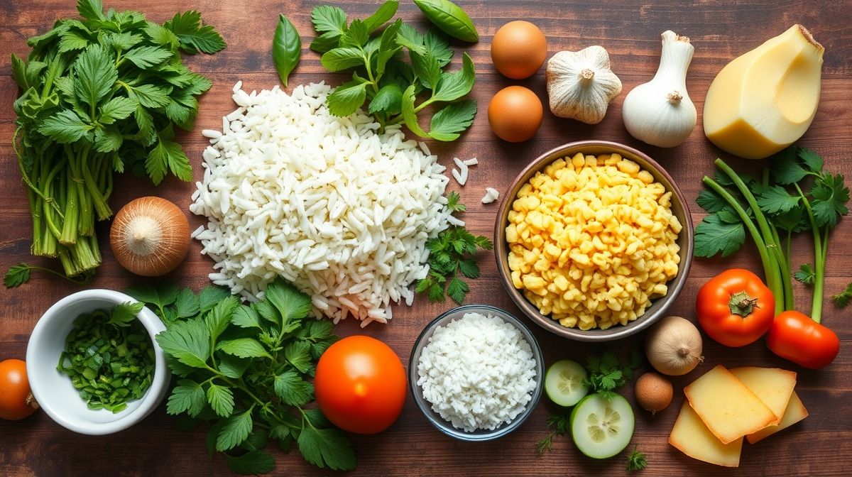 Vista de cima com arroz, abacaxi, curry e temperos organizados em bancada de cozinha