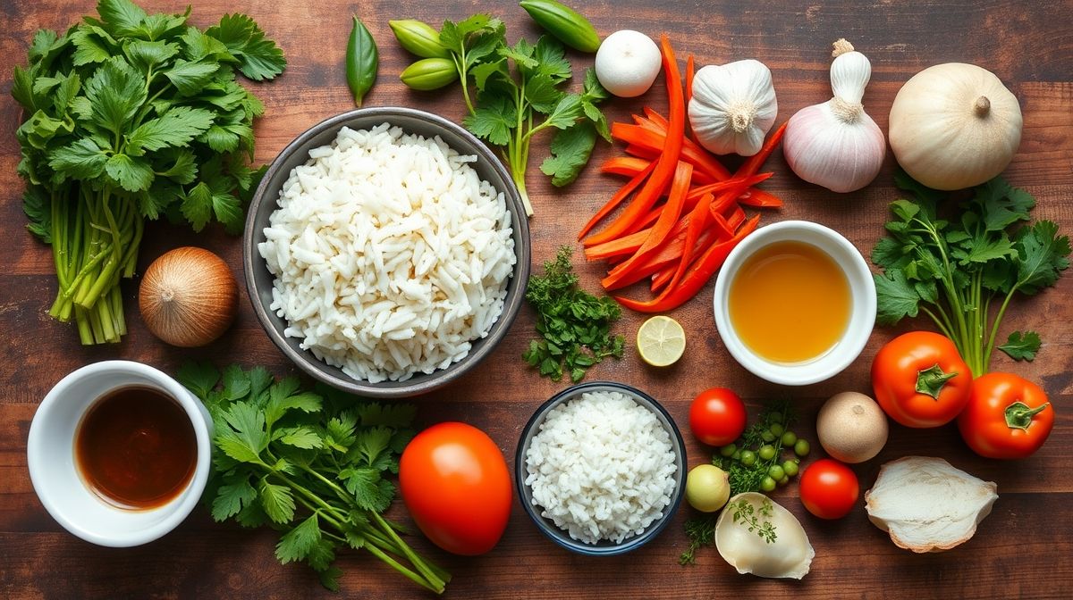 Ingredientes frescos organizados em flat lay: carne em cubos, cenouras, batatas, cebola, tablete de curry e arroz branco.