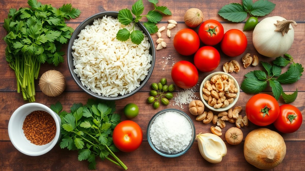 Visão de cima dos ingredientes do arroz de curry organizados em uma bancada de madeira