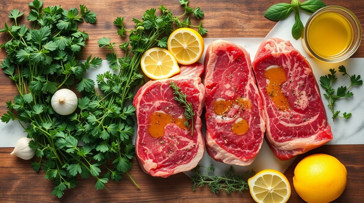 Ingredientes organizados, incluindo bifes, alho, orégano, limão e azeite sobre bancada rústica