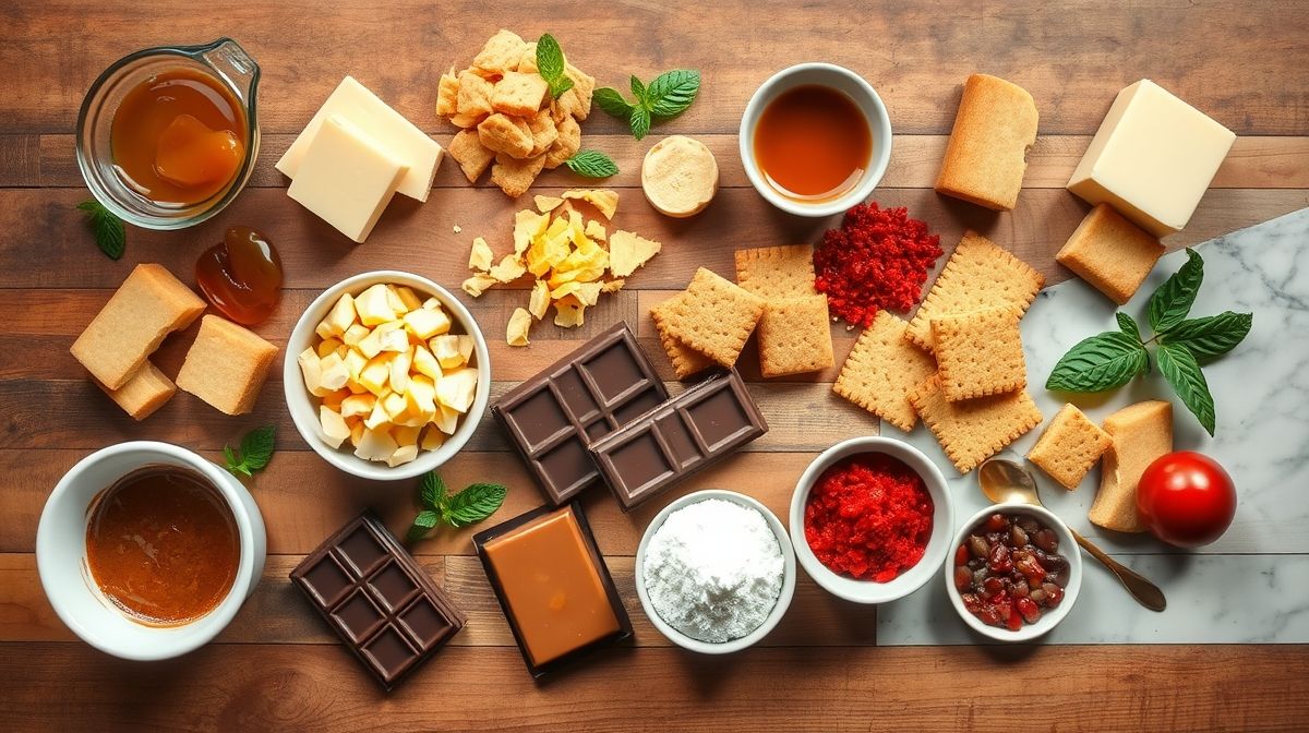 Ingredientes separados e organizados em potes e tigelas sobre bancada rústica