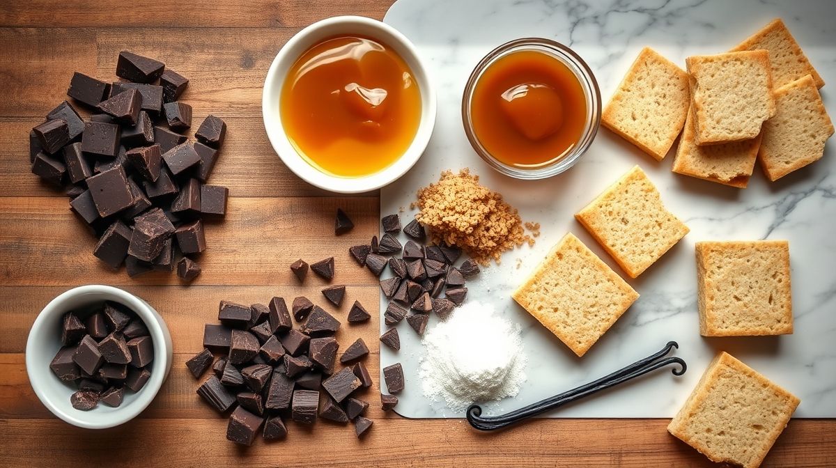 Ingredientes da receita vistos de cima, bem organizados em bancada de madeira rústica