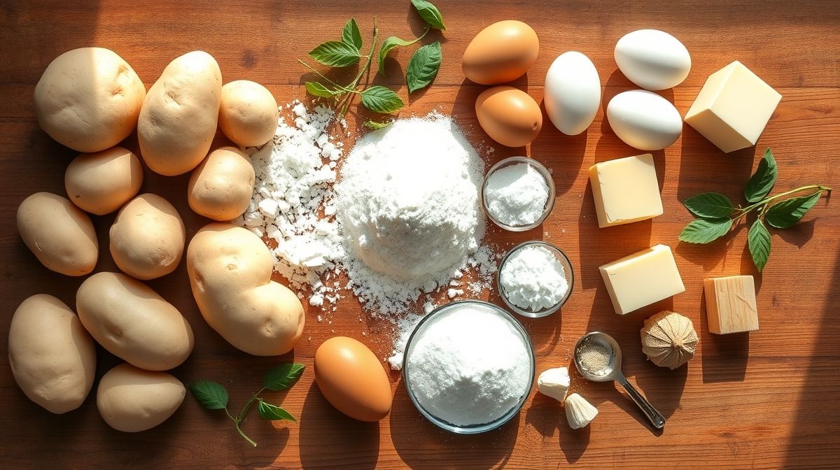 Ingredientes da receita organizados em uma bancada de madeira, vistos de cima.