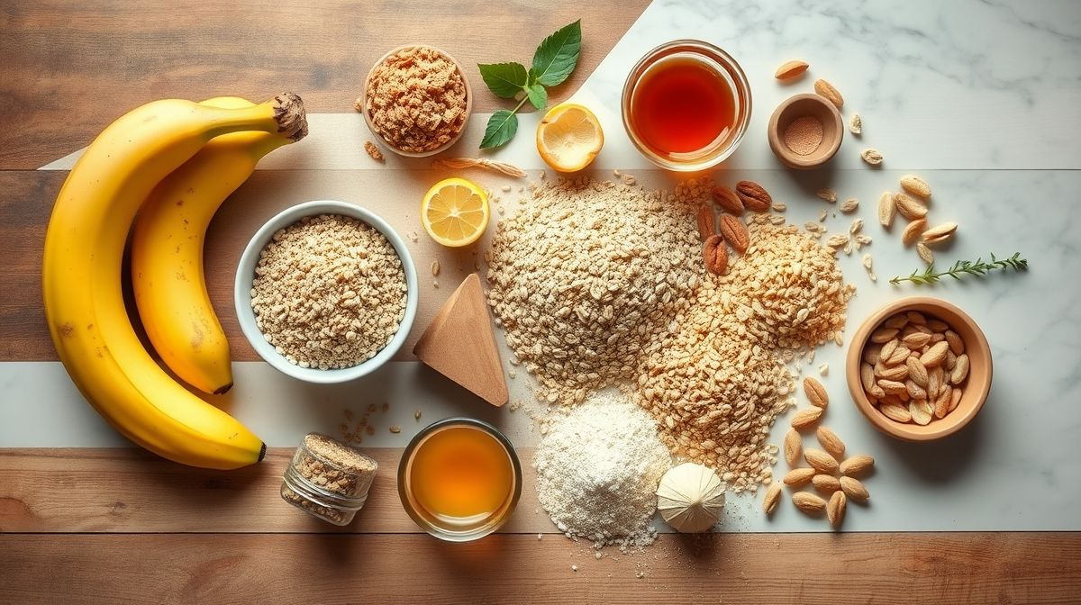 Ingredientes organizados em flat lay: bananas maduras, flocos de quinoa e canela em pó sobre bancada de madeira