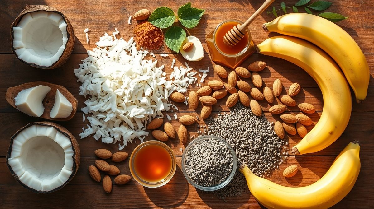 Ingredientes organizados: ovos, iogurte natural e coco ralado em superfície de madeira