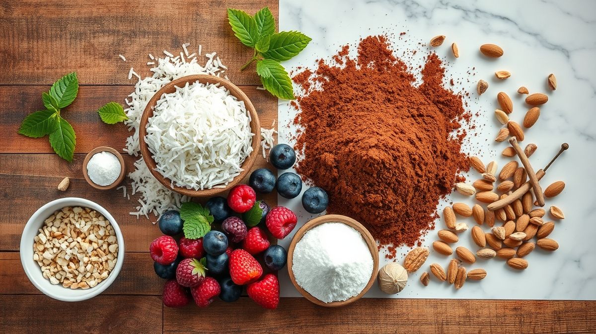 Ingrédients séparés pour préparer le petit gâteau au cacao low carb sans sucre, organisés sur un plan de travail rustique