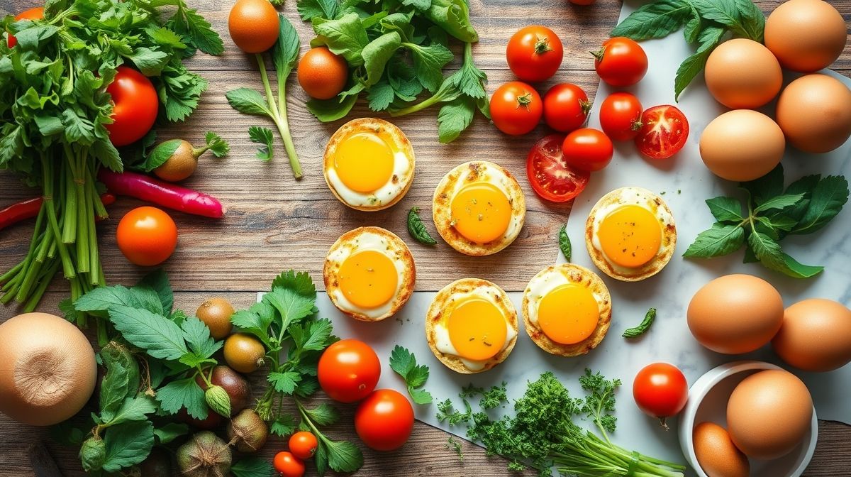 Visão de cima dos ovos, cebola, tomate, salsinha, cebolinha e temperos organizados em bancada rústica