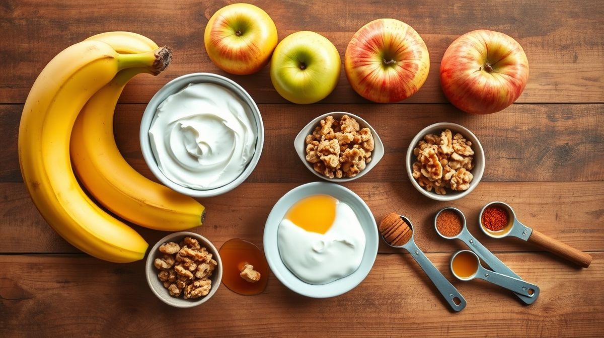 Ingredientes naturais da receita organizados em bancada de madeira, incluindo ovos, bananas, maçã, farinha e canela.