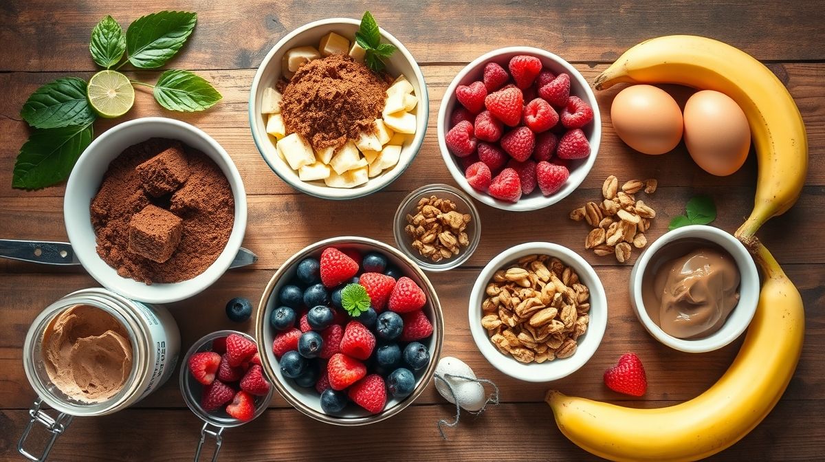 Ingredientes organizados em bancada de madeira: ovos, aveia, cacau e adoçante