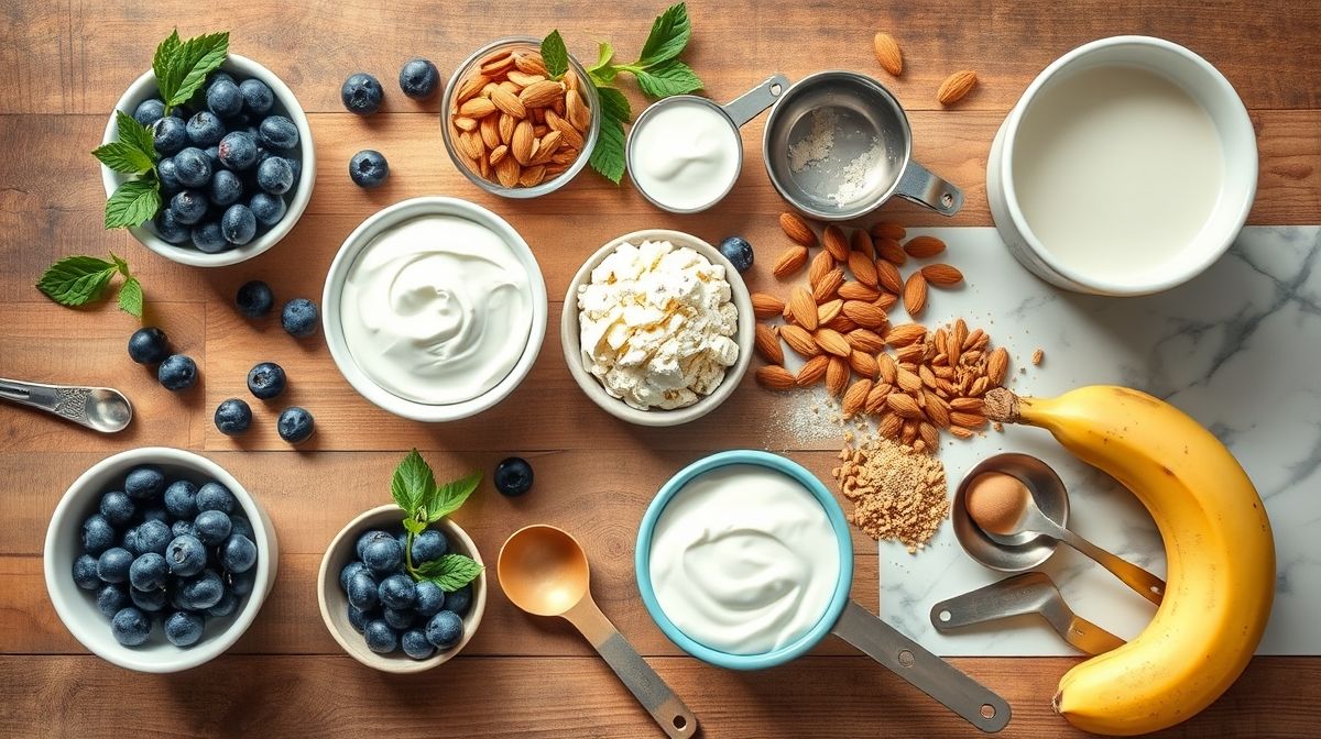 Ingredientes frescos para a receita, dispostos de forma organizada sobre uma bancada.