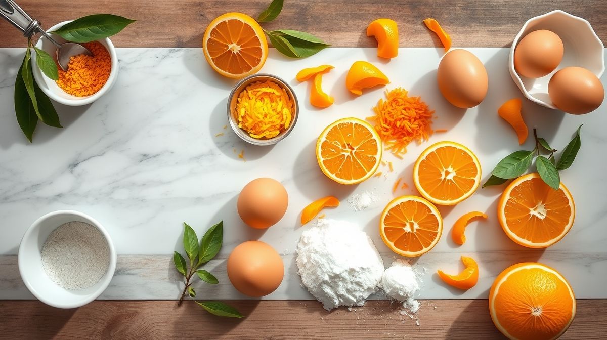 Visão de cima dos ingredientes organizados em bancada: ovos, laranja, aveia, farinha e adoçante.