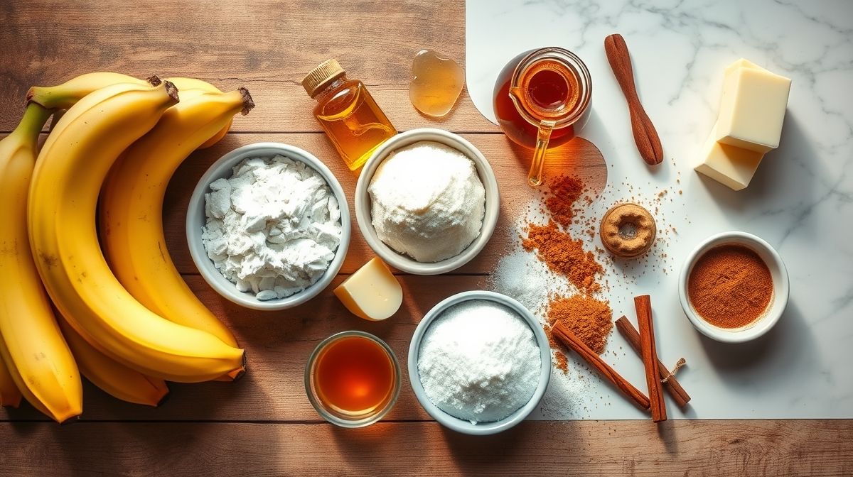 Ingredientes organizados em bancada de cozinha prontos para o preparo do bolo.