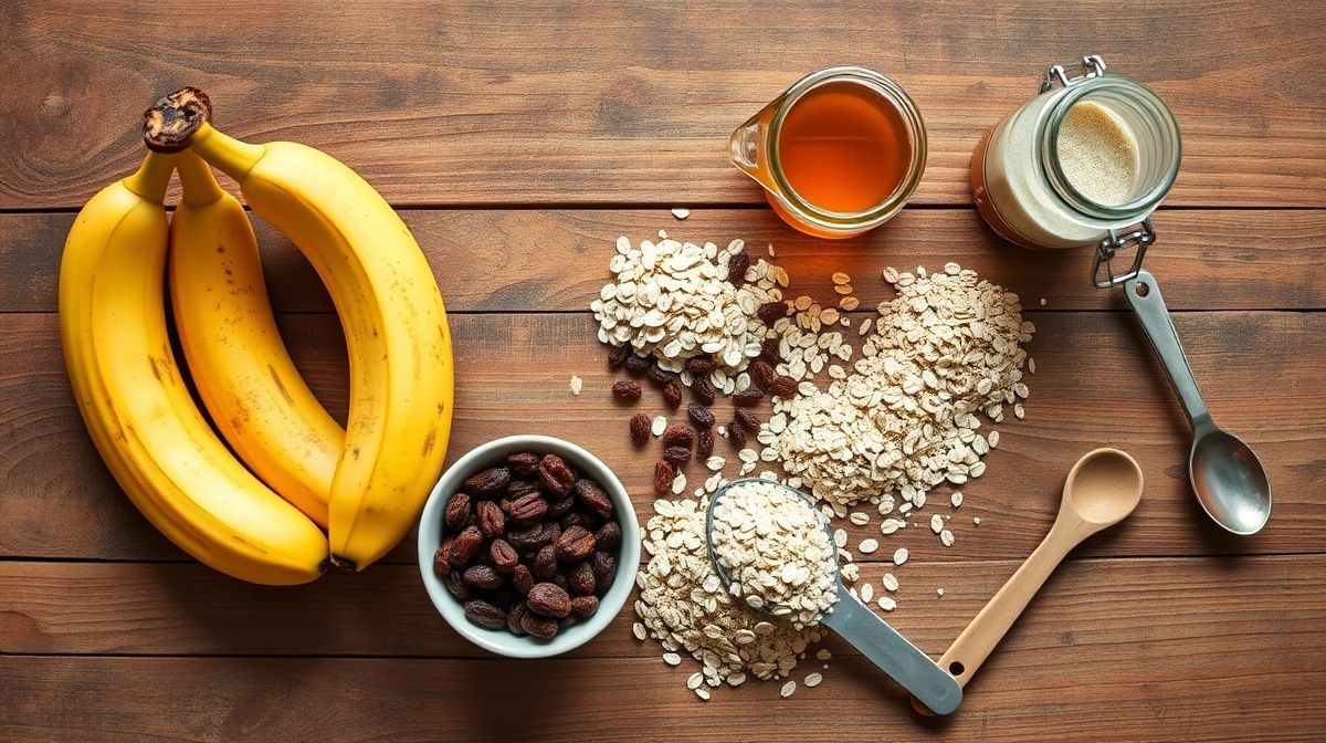 Ingredientes organizados em bancada de madeira, incluindo bananas maduras, ovos, aveia e passas