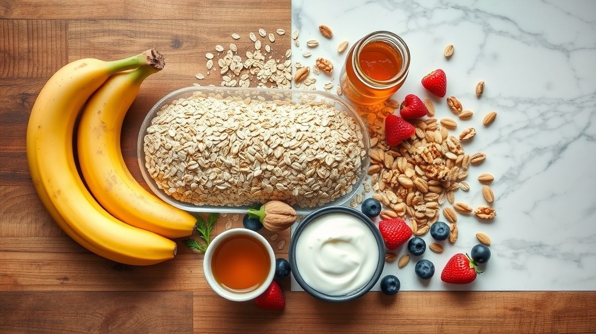 Ingredientes dispostos em flat lay sobre bancada rústica: bananas maduras, ovos, passas, aveia, nozes e canela