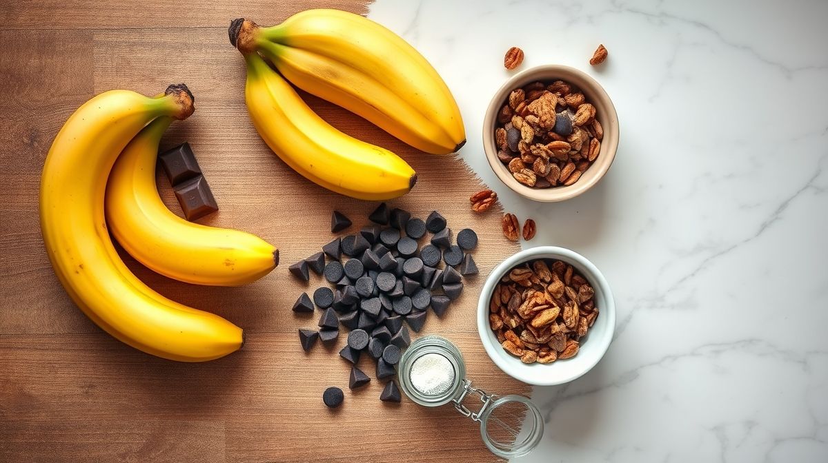 Ingredientes da receita organizados em bancada rústica, vistos de cima