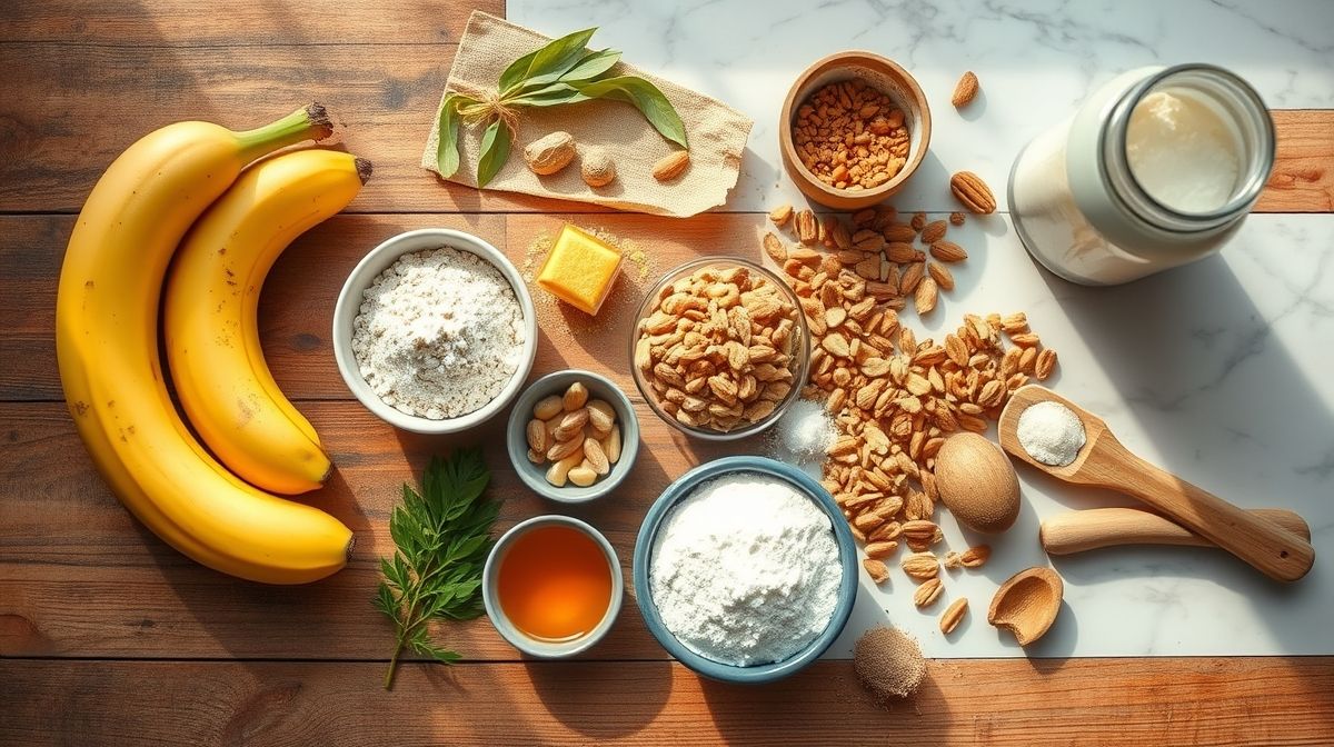 Vista superior dos ingredientes frescos da receita arrumados em uma bancada de cozinha.