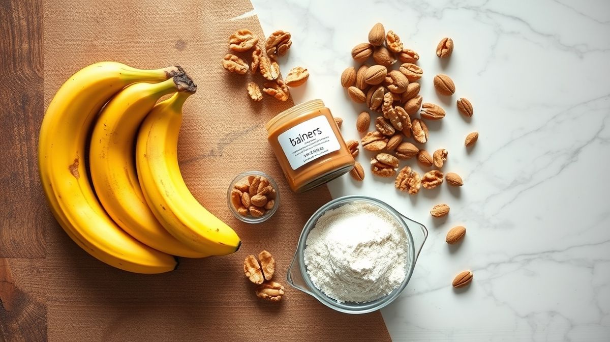 Ingredientes crus dispostos de forma organizada: bananas maduras, ovos, aveia e canela em uma bancada.