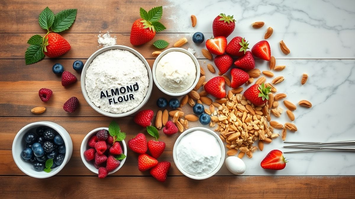 Visão de cima dos ingredientes do bolo de caneca sem açúcar organizados em uma bancada