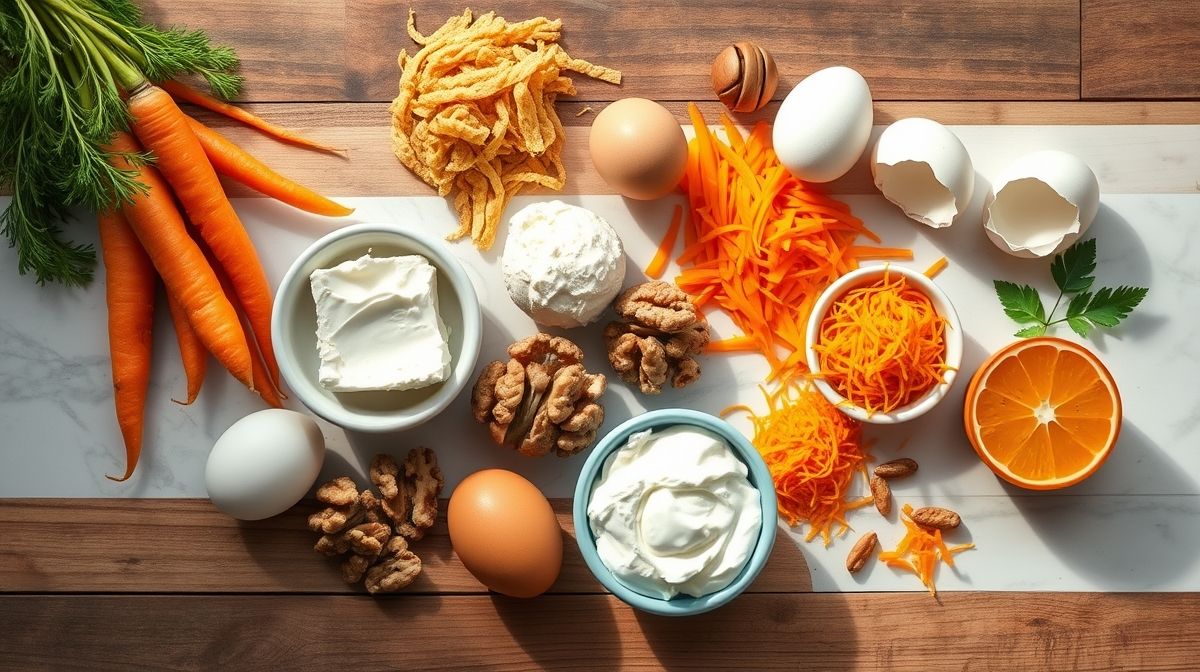 Visão de cima com cenouras, ovos, farinhas, cacau e adoçante organizados em uma bancada rústica