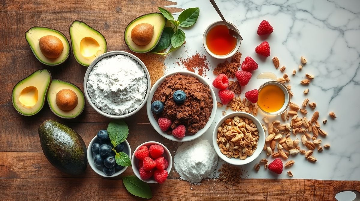 Ingredientes dispostos em flat lay sobre uma bancada de madeira clara para preparar o bolo vegano sem glúten e sem açúcar