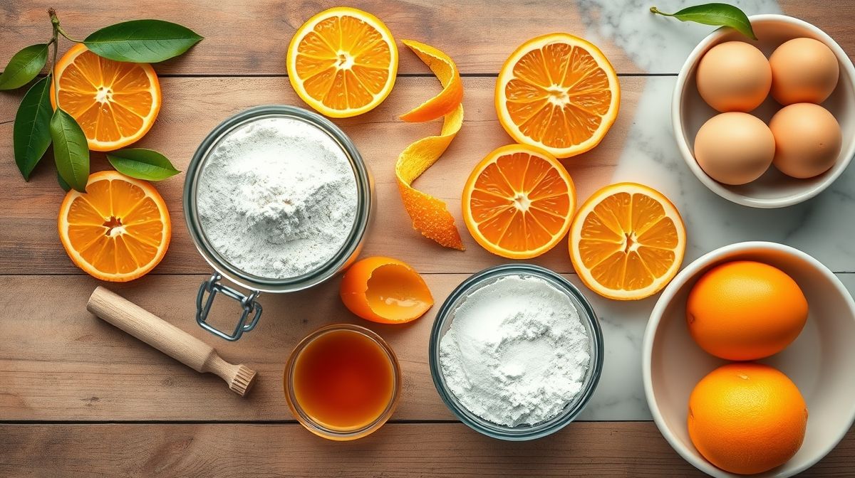 Ingredientes organizados em bancada rústica: laranja, ovo, farinha de amêndoas e adoçante culinário