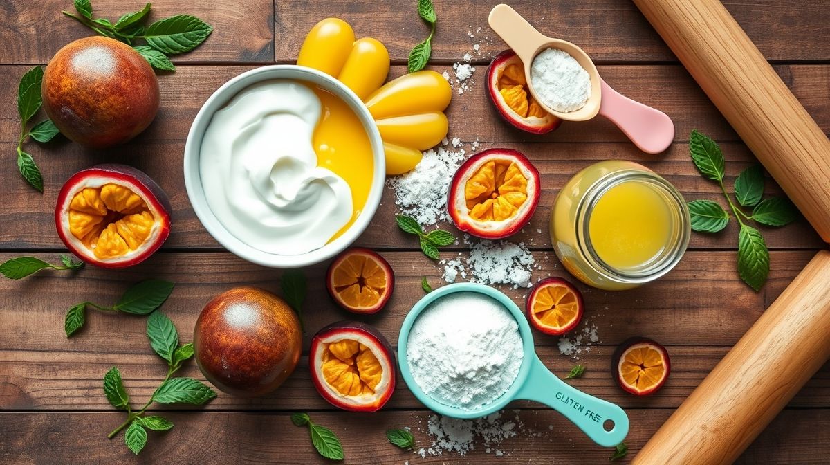 Ingredientes frescos organizados em flat lay sobre bancada de madeira rústica