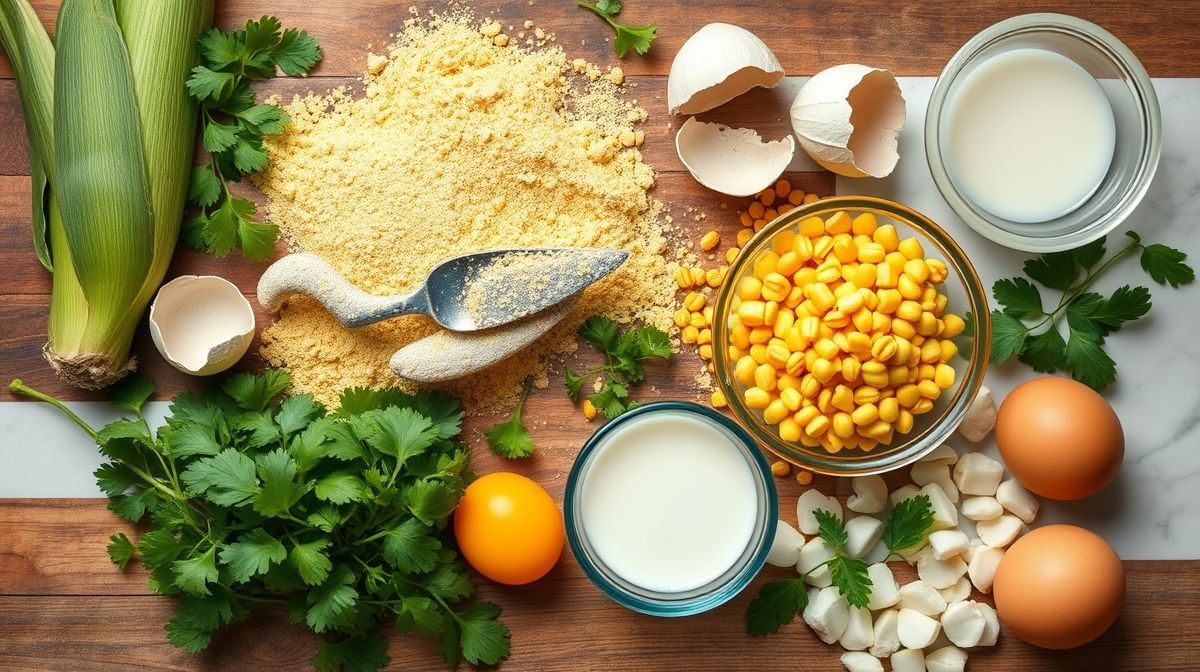 Visão de cima com milho, ovos, leite de coco, coco ralado, adoçante e farinha de milho organizados em bancada rústica.