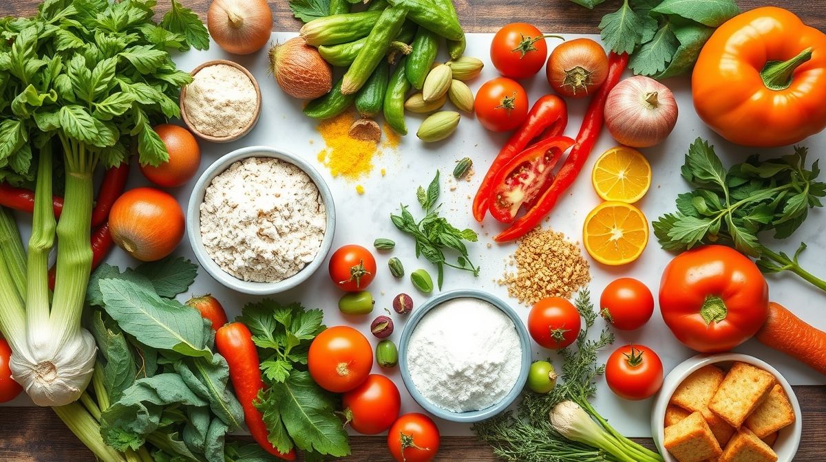 Ingredientes do bolo de milho fit organizados em flat lay sobre bancada de madeira.