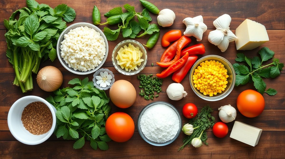 Ingredientes do bolo de milho fit organizados em uma bancada de madeira.