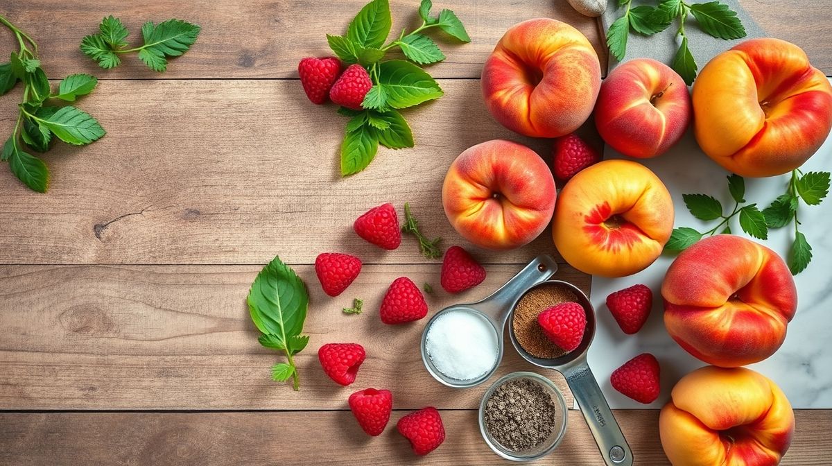 Vista superior de ovos, pêssegos, framboesas e farinha de aveia dispostos em uma bancada