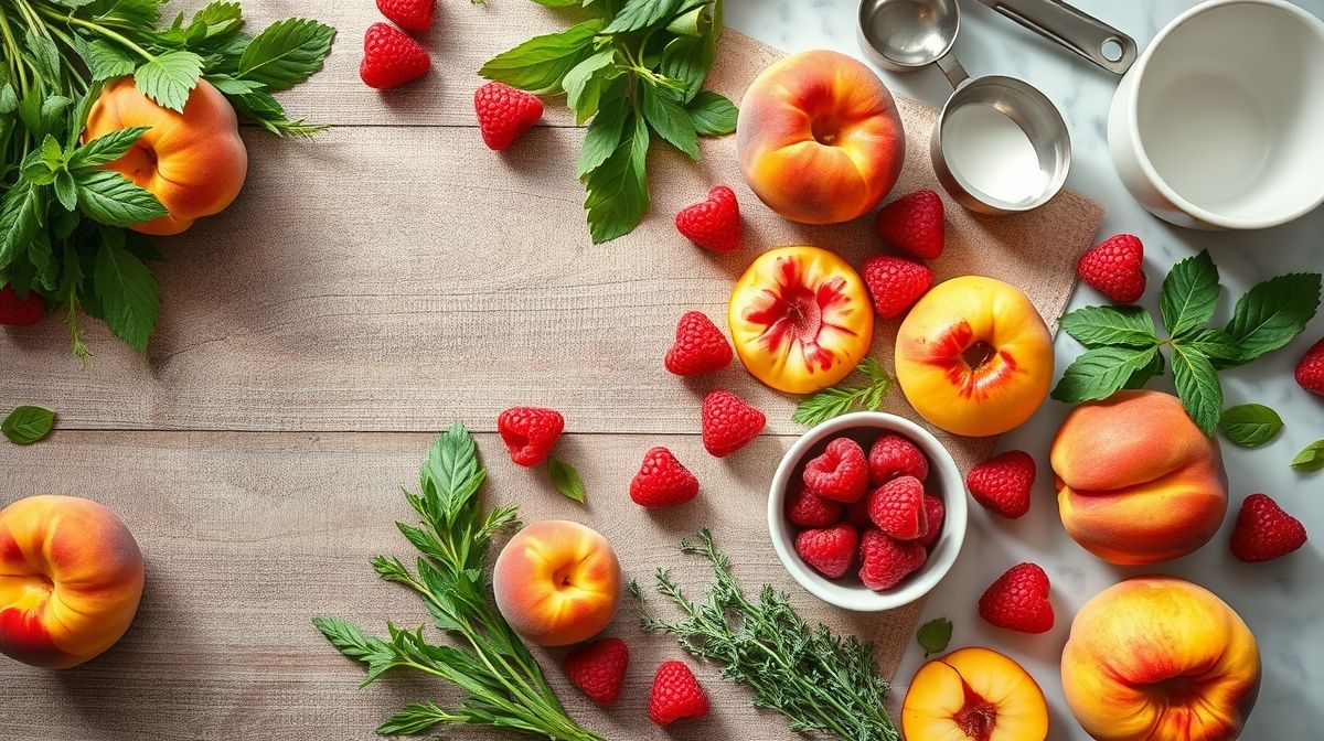 Ingredientes frescos organizados em bancada: pêssegos, framboesas, ovos, aveia e purê de maçã