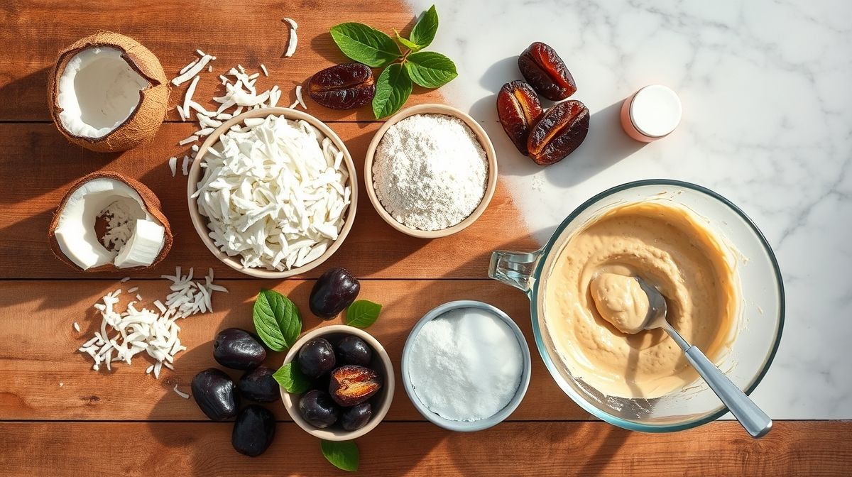 Ingredientes do bombocado fit (ameixa, coco ralado, leite de coco, ovos, óleo de coco e fermento) organizados em bancada